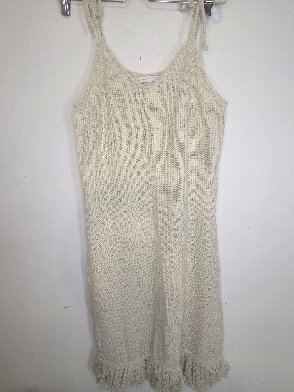 America & Beyond Boho Open Knit Tie Shoulder Fringe Tank Dress Cream Size M